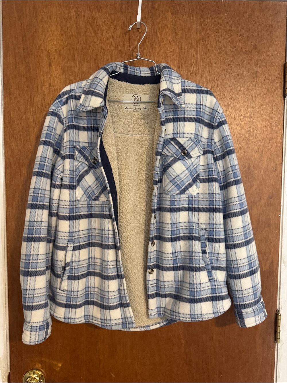 Unisex Blue and White Plaid Sherpa-Lined Jacket